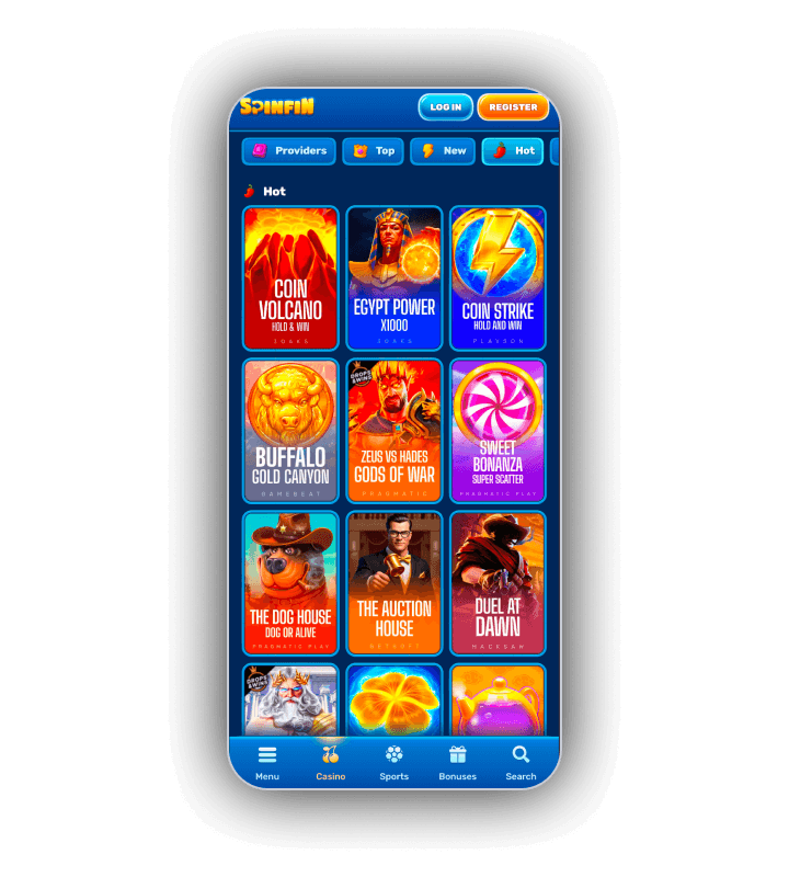 SpinFin casino shelves for hot, top, new, bonus buys and Megaways titles