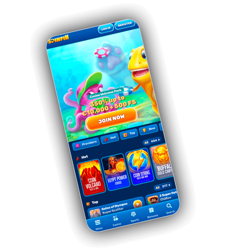 SpinFin casino on a phone with the welcome pack banner, provider filters and hot and top game shelves