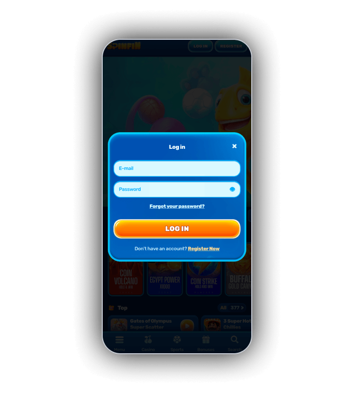 SpinFin login step with email and password fields and a link for a forgotten password