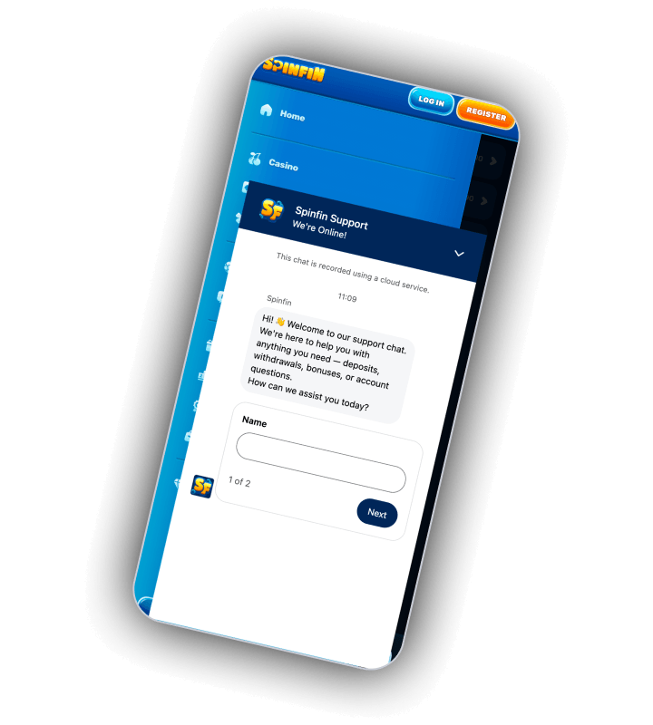 SpinFin support area with live chat, an email address and links into the help centre